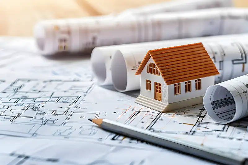 toy house sitting on a blueprint stock image